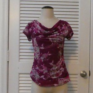 ELLE cowl neck top shirt short sleeve blouse berry pink floral sheer size M